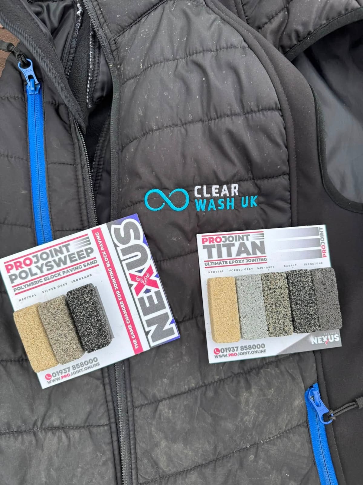 Clear Wash UK embroidered workwear and re-sanding samples